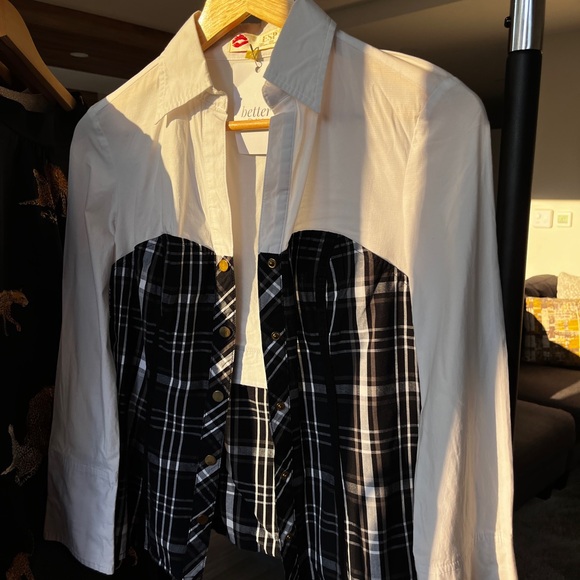 SOLD Vintage Black Plaid Corset White Collared Shirt - Picture 8 of 11